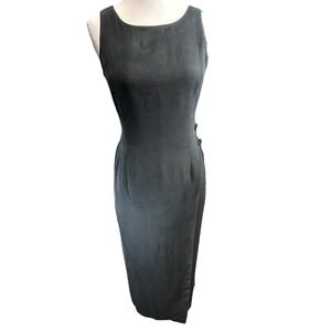 Patrick Petite Vintage 100% Silk Black Sleeveless Sheath Midi Dress‎ Size 4P